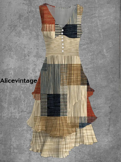 Abstract Patchwork Art Print Sleeveless V-Neck Button Up Retro Midi Dress A / S