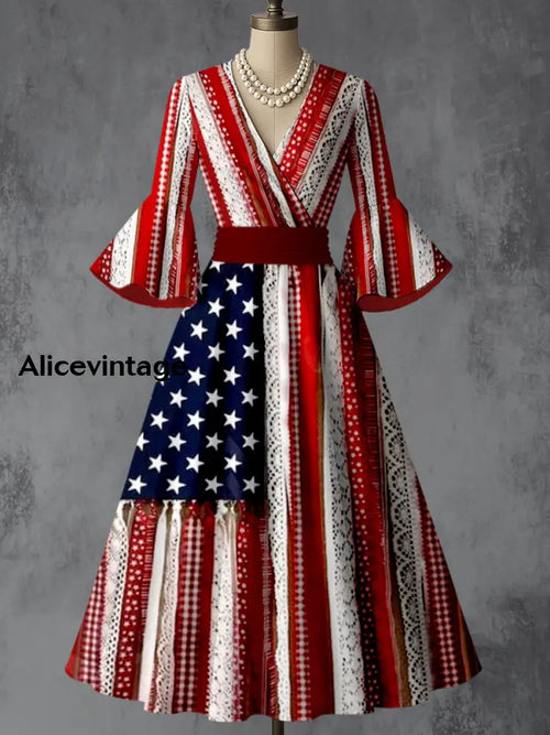 American Flag Art Print V-Neck Flare Sleeve Vintage Elegant Dress A / S