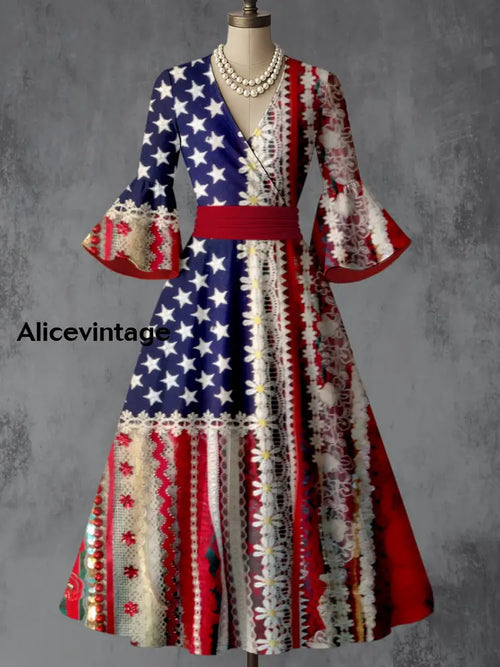 American Flag Art Print V-Neck Flare Sleeve Vintage Elegant Dress A / S
