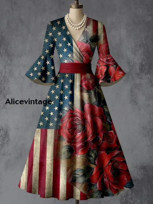 American Flag Floral Art Print V-Neck Flare Sleeve Vintage Elegant Dress A / S