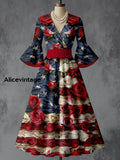 American Flag Floral Art Print V-Neck Flare Sleeve Vintage Elegant Dress A / S