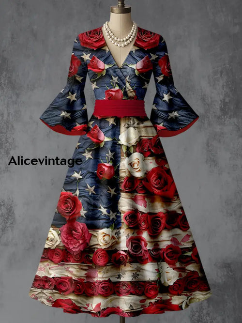 American Flag Floral Art Print V-Neck Flare Sleeve Vintage Elegant Dress A / S