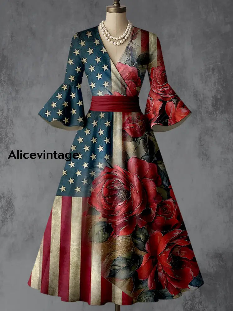 American Flag Floral Art Print V-Neck Flare Sleeve Vintage Elegant Dress A / S
