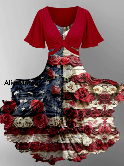 American Flag Floral Art Print Vintage Short Sleeve Two-Piece Midi Dress A / S