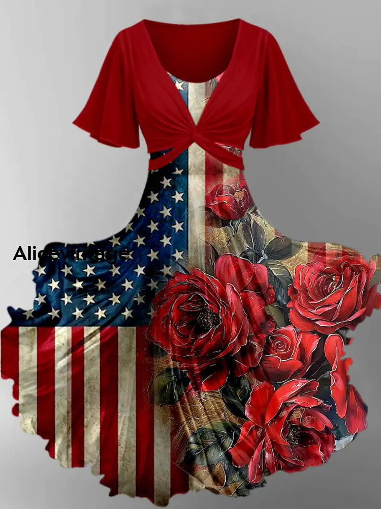 American Flag Floral Art Print Vintage Short Sleeve Two-Piece Midi Dress A / S