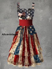 American Flag Floral Art Print Vintage Suspender Dress A / S