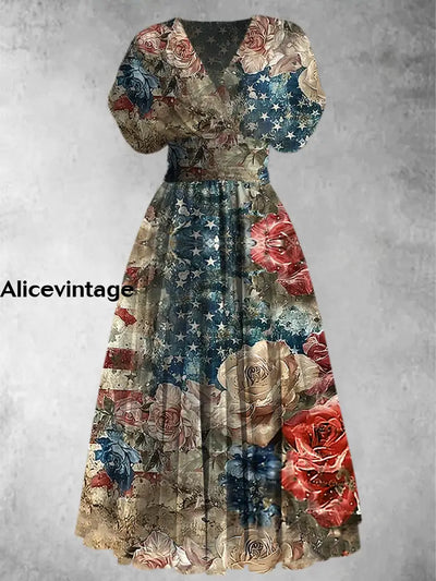 American Flag Floral Print Elegant V-Neck Chic Short Sleeve Maxi Dress A / S