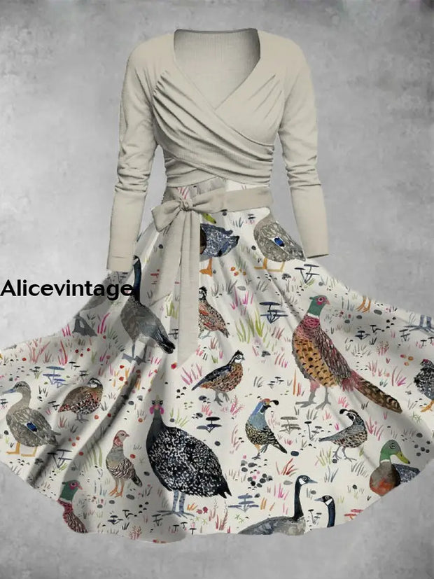 Animal Art Print Vintage V-Neck Long Sleeve Two-Piece Midi Dress A / S