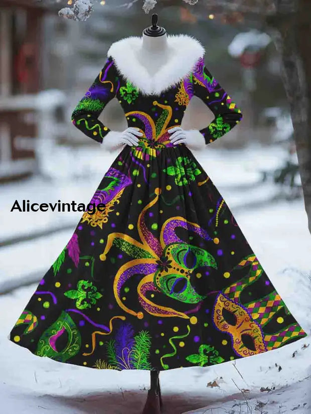 Art Print Vintage Elegant Fur Collar Long Sleeve Midi Dress A / S