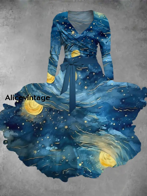 Art Print Vintage Elegant V-Neck Long Sleeve Midi Dress A / S