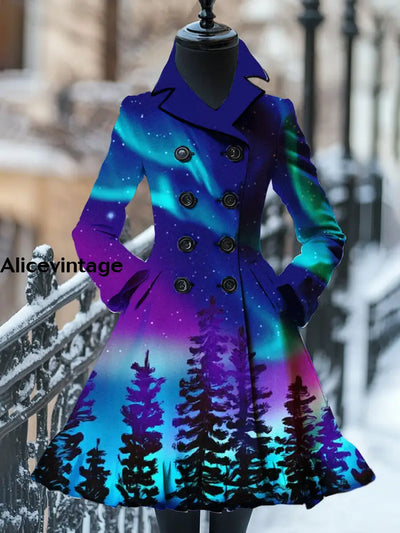 Aurora Print Vintage Elegant Stand-Up Collar Long Sleeve Coat Dress A / S