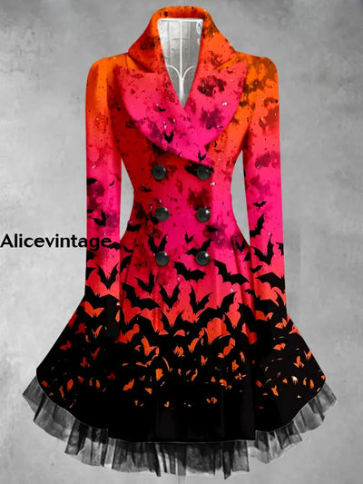 Bat Art Print Vintage Elegant Lapel V-Neck Button Up Long Sleeve Coat Dress