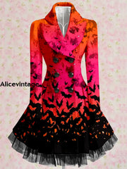 Bat Art Print Vintage Elegant Lapel V-Neck Button Up Long Sleeve Coat Dress