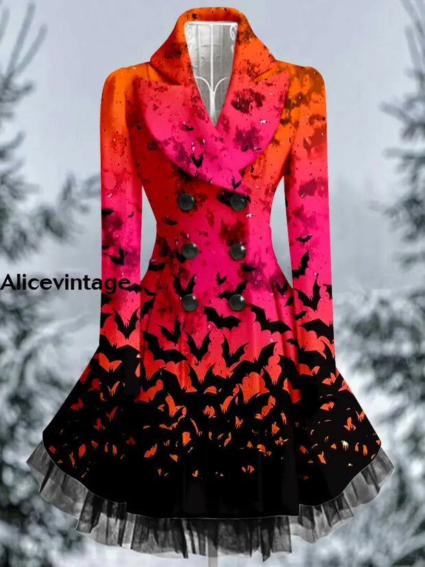 Bat Art Print Vintage Elegant Lapel V-Neck Button Up Long Sleeve Coat Dress A / S