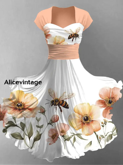 Bee Floral Art Print Short Sleeve Vintage Dress A / S