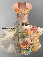 Bee Floral Art Print Short Sleeve Vintage Dress A / S