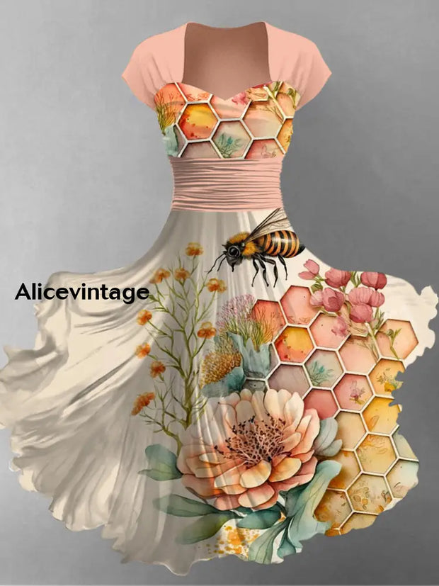 Bee Floral Art Print Short Sleeve Vintage Dress A / S