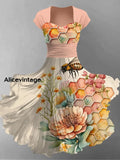 Bee Floral Art Print Short Sleeve Vintage Dress A / S