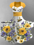 Bee Floral Art Print Short Sleeve Vintage Dress A / S