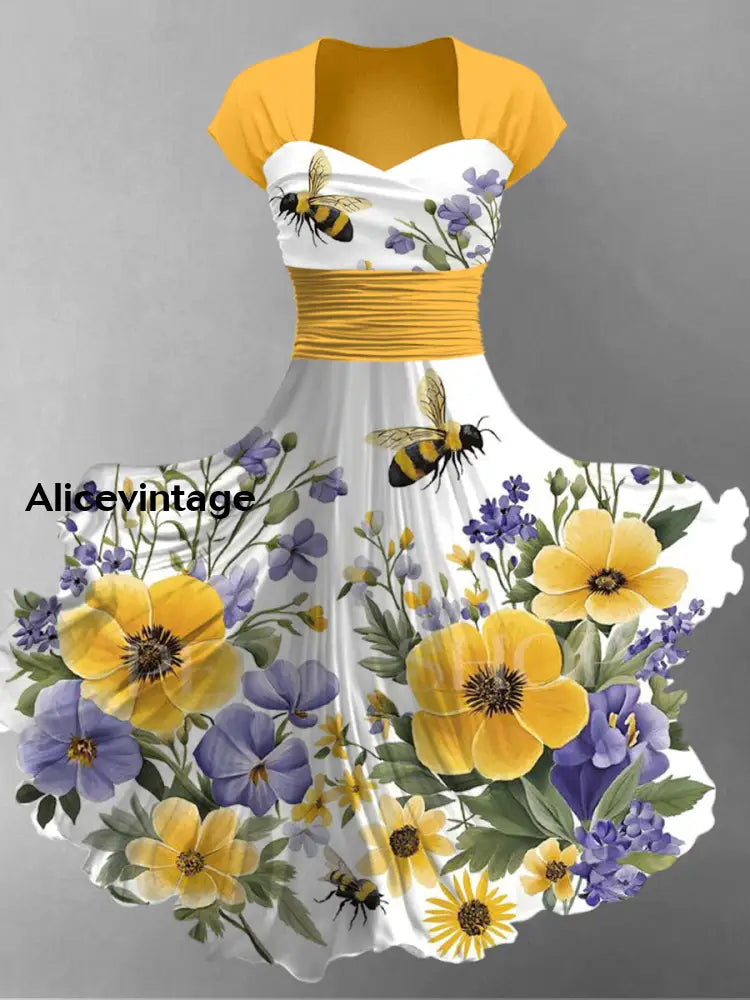 Bee Floral Art Print Short Sleeve Vintage Dress A / S