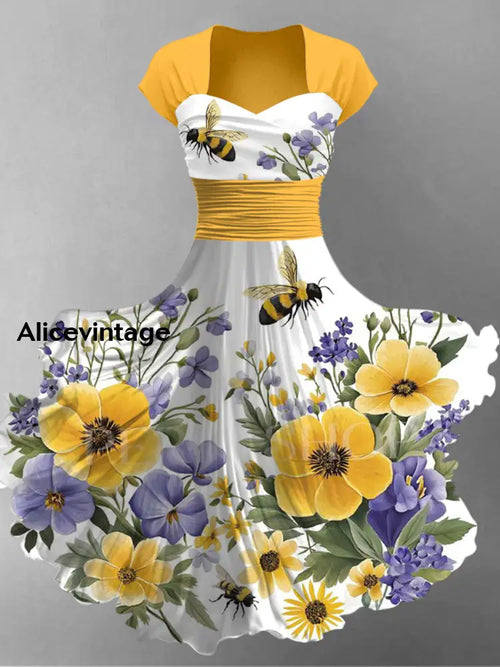 Bee Floral Art Print Short Sleeve Vintage Dress A / S