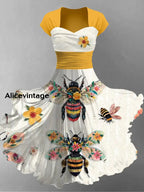 Bee Floral Art Print Short Sleeve Vintage Dress A / S