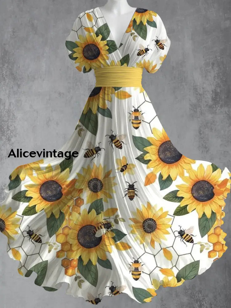 Bee Floral Art Print V-Neck Short Sleeve Retro Dress A / S