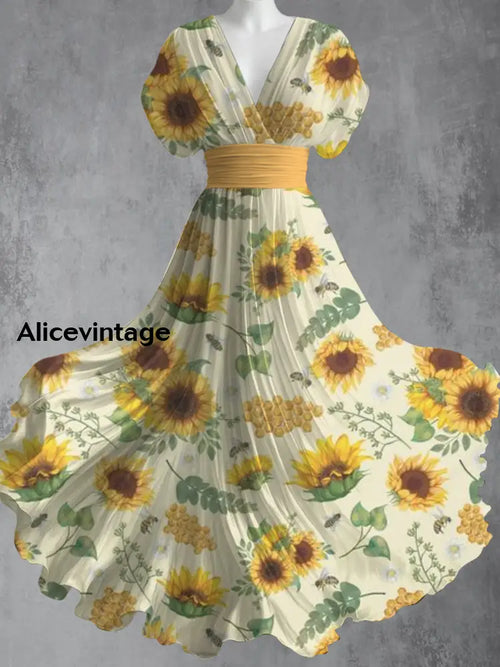 Bee Floral Art Print V-Neck Short Sleeve Retro Dress A / S
