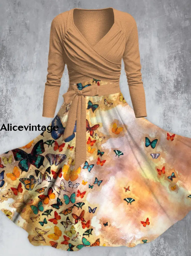 Beige Butterfly Art Print V-Neck Long Sleeve Straps Fashion Midi Dress A / S