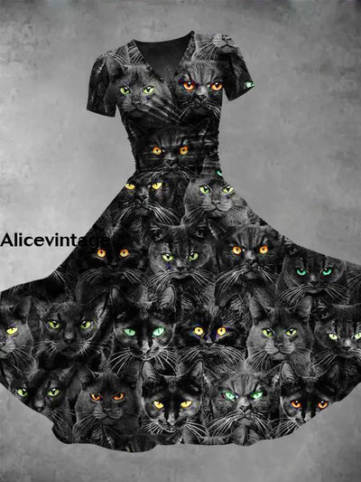 Black Cat Print V-Neck Short Sleeve Vintage Midi Dress A / S