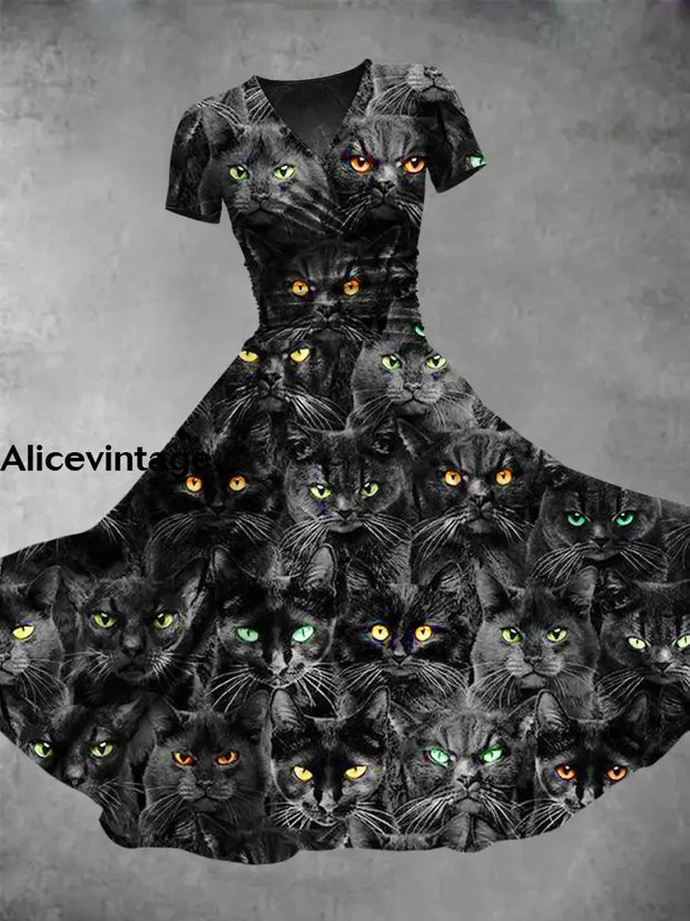 Black Cat Print V-Neck Short Sleeve Vintage Midi Dress A / S