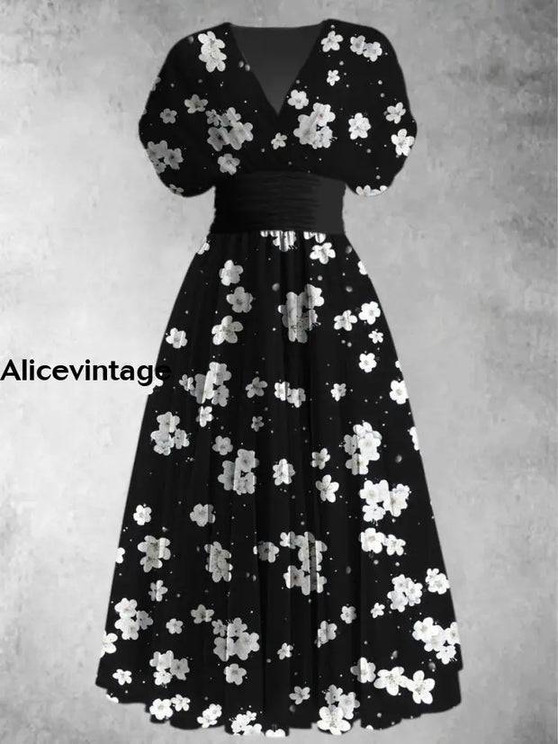 Black Floral Print Elegant V-Neck Chic Short Sleeve Retro Maxi Dress A / S