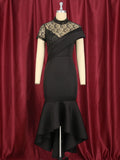 Lace Floral Design Round Neck Black Vintage Dress