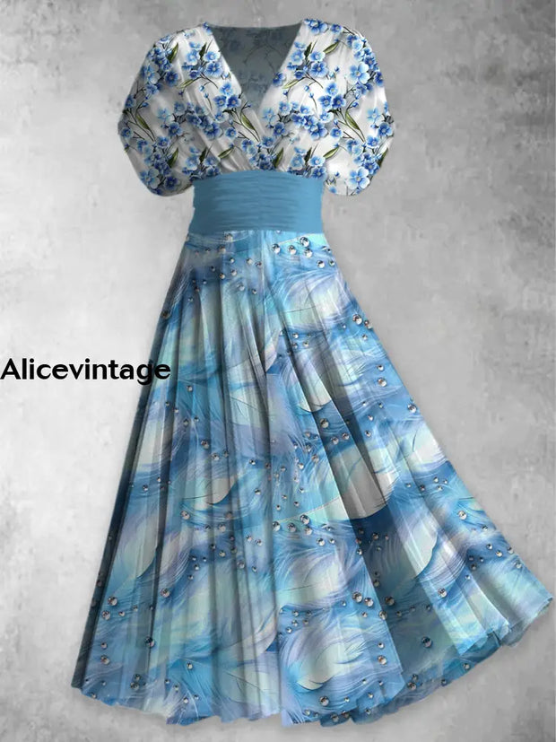 Blue Crystal Feather Print Elegant V-Neck Chic Short Sleeve Maxi Dress A / S