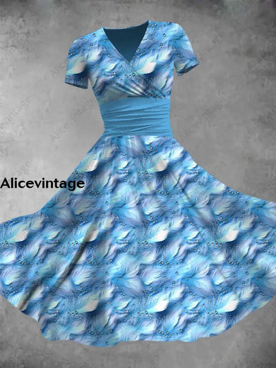 Blue Crystal Feather Print V-Neck Short Sleeve Midi Dress A / S