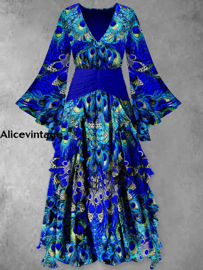 Blue Feather Print Vintage Elegant V-Neck Chic Long Sleeve Maxi Dress A / S