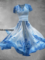 Blue Floral Art Print Retro Short Sleeve Flowy Midi Dress A / S