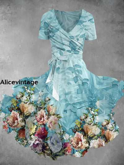 Blue Floral Art Print Retro V-Neck Short Sleeve Two Piece Midi Dress A / S