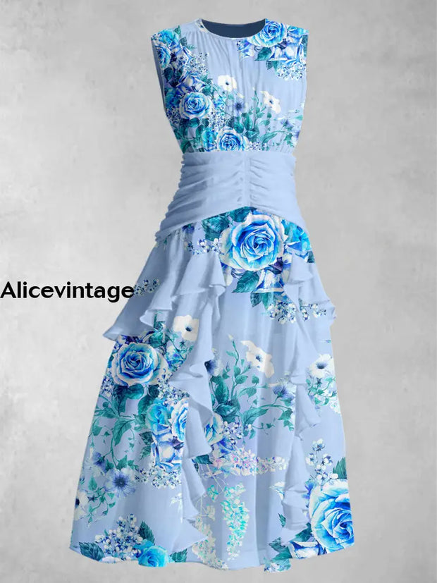 Blue Floral Art Print Round Neck Elegant Chic Chiffon Sleeveless Maxi Dress A / S