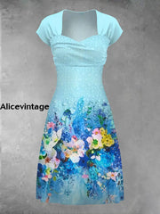 Blue Floral Art Print Short Sleeve Retro Midi Dress A / S