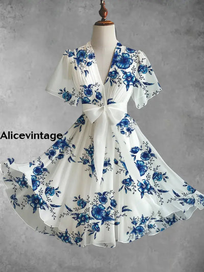 Blue Floral Art Print V-Neck Elegant Chic Short Sleeve Flowy Midi Dress A / S