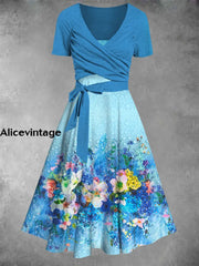 Blue Floral Art Print V Neck Short Sleeve Midi Dress A / S