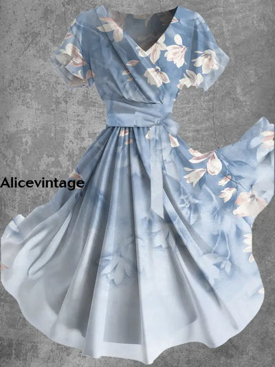 Blue Floral Art Print V-Neck Short Sleeve Vintage Flowy Midi Dress A / M