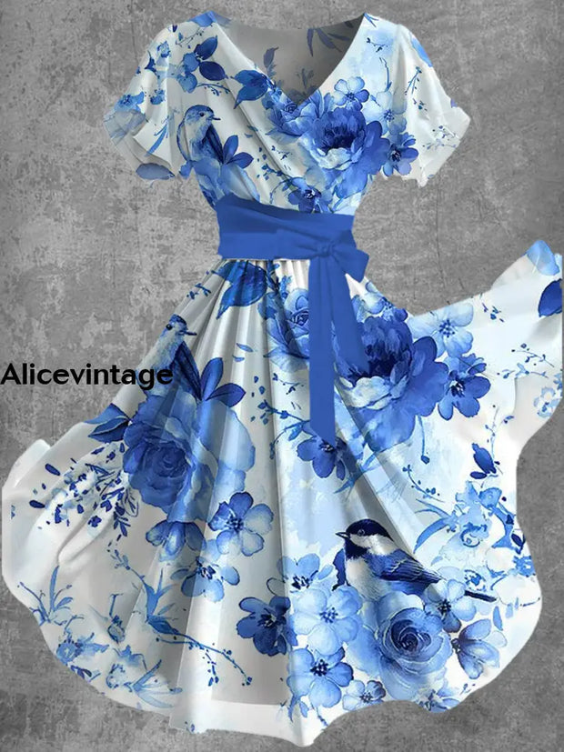 Blue Floral Art Print V-Neck Short-Sleeve Vintage Flowy Midi Dress A / S