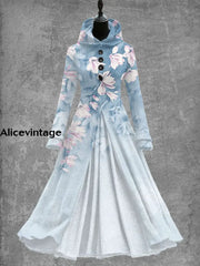 Blue Floral Art Print Vintage Elegant Long Sleeve Maxi Dress