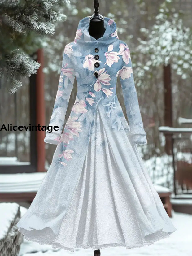 Blue Floral Art Print Vintage Elegant Long Sleeve Maxi Dress A / S