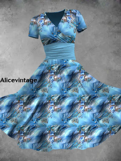 Blue Flower Feather Print V-Neck Short Sleeve Midi Dress A / S