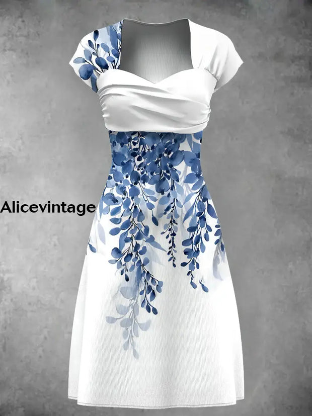 Blue Leaf Art Print Short Sleeve Vintage Midi Dress A / S