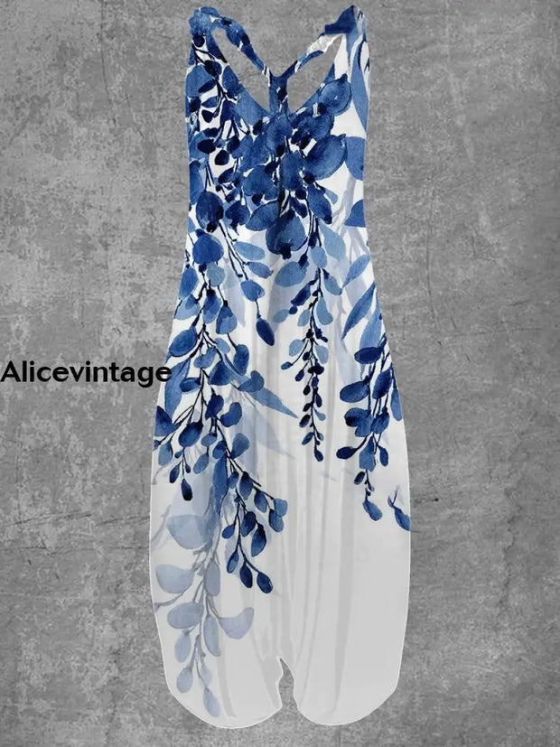 Blue Leaf Art Print Vintage Loose Jumpsuit A / S