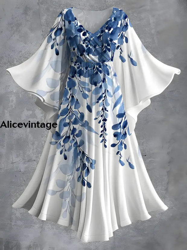 Blue Leaf Print Bat Sleeve Vintage V-Neck Elegant Chic Flowy Maxi Dress A / S